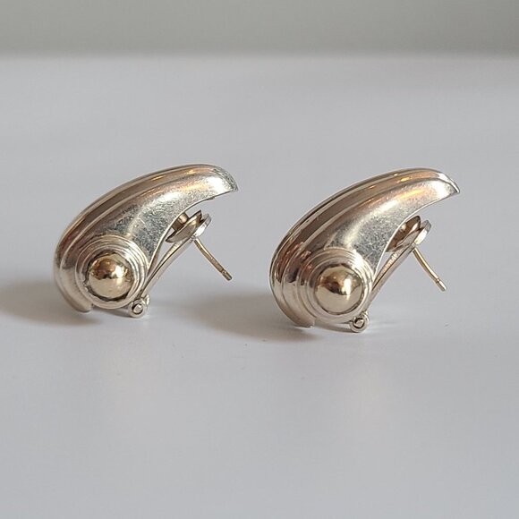 KRYPELL 925 Silver 14K yellow gold, Vintage Two Fluted Shell Omega Earrings 585 - Picture 7 of 9